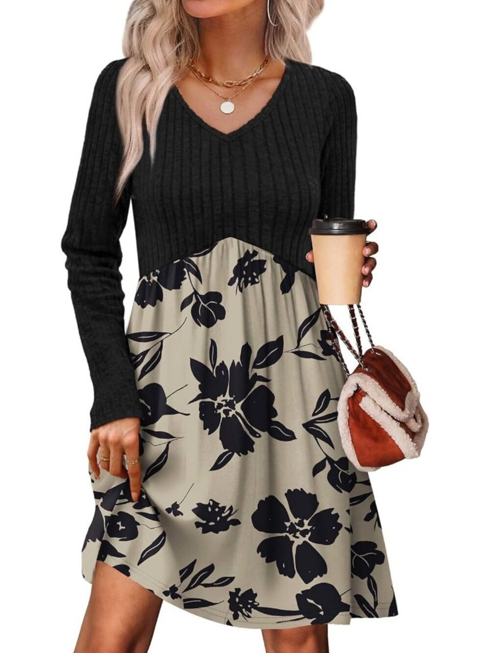 Women's Black Floral Neck Empire Waist Baby Doll Long Casual Pocket Mini Dress - Picture 1 of 5